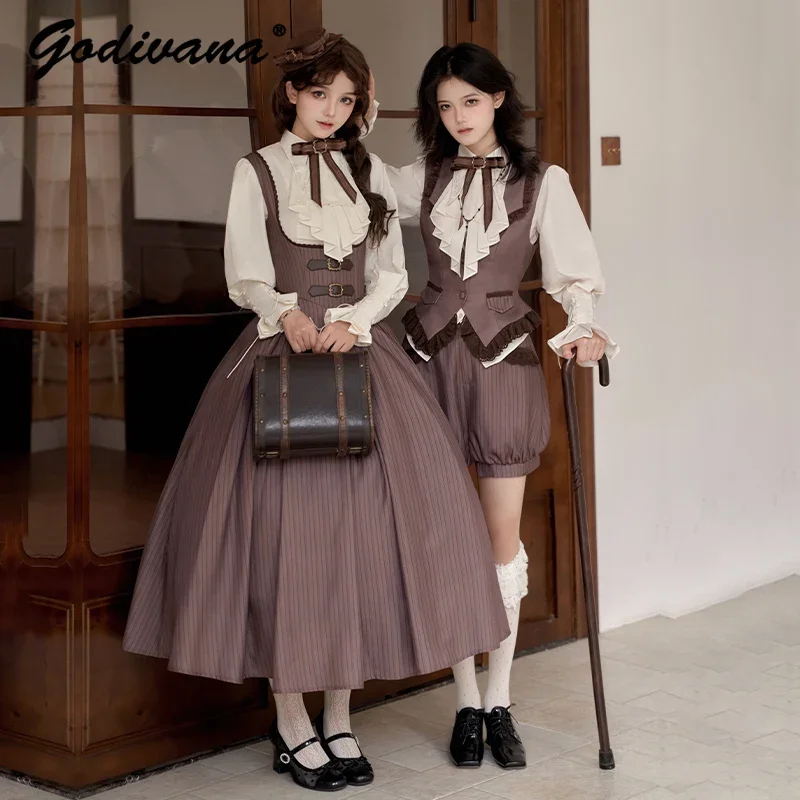 New Autumn CLA Breast Support Striped JSK Suspender Dress Lolita Long Sleeve Shirt Shawl Retro Women Dress Set Vest Shorts Suit