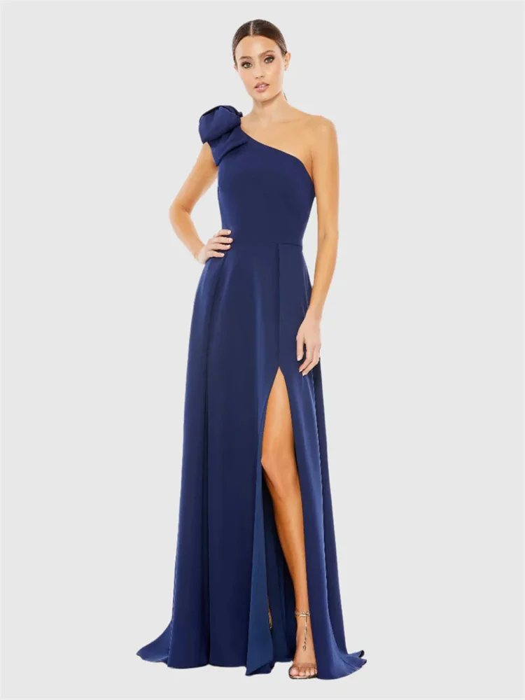 

Customized Simple Bow One-shoulder A-line Evening Dress, Sleeveless One-shoulder Bow Decoration, Natural Drape Skirt Dress