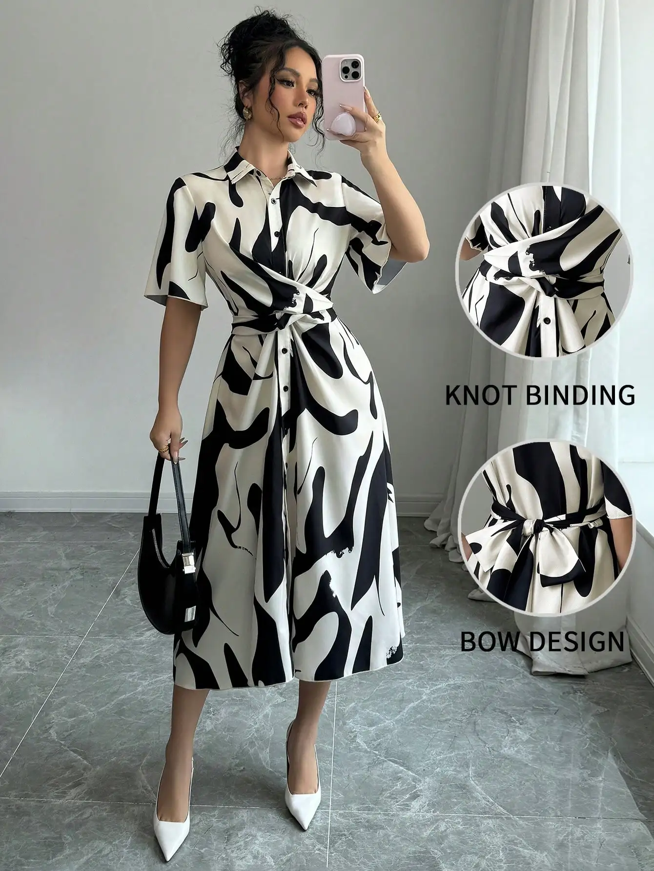 

Женское платье миди с короткими рукавами, застежкой на пуговицы, абстрактным принтом и завязкой на талии