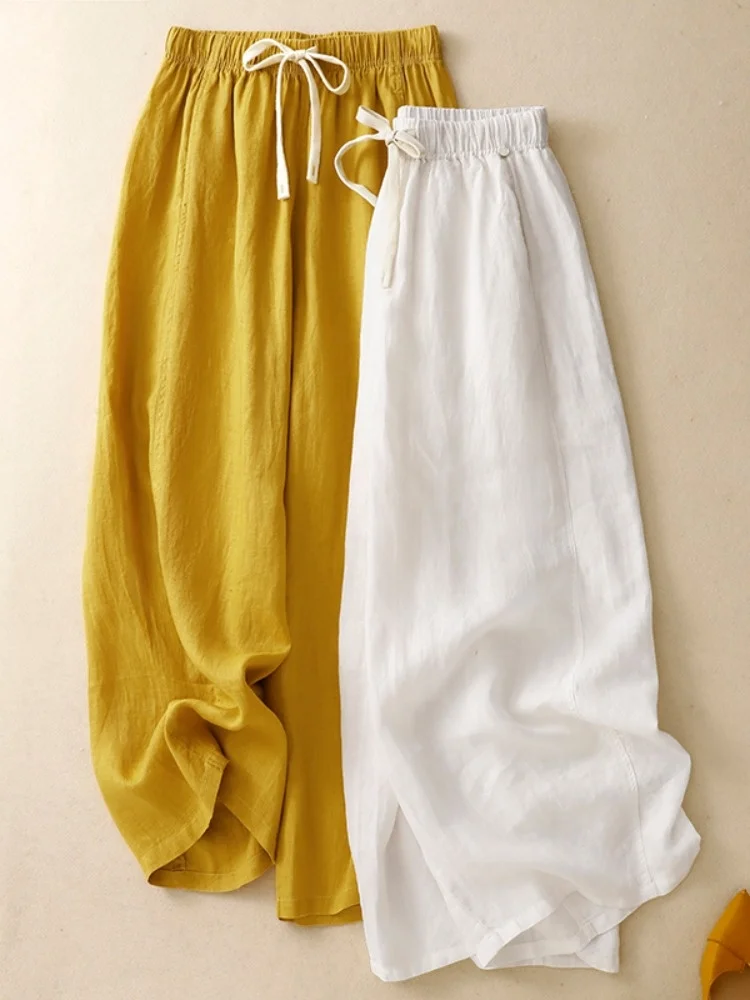 

High Waist Cotton Linen Wide Leg Pants Women Summer Thin Loose Drawstring Slimming Drapey Straight Nine Crop Casual Trousers