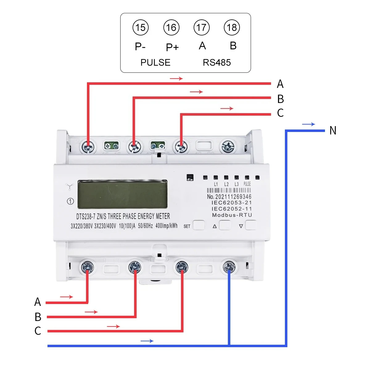 3 Phase Din Rail KWH Watt Hour Energy Meter 3*220V 380V 400V 50Hz 60Hz Voltage Current DTS238-7 ZN/S with RS485 MODBUS-RUT