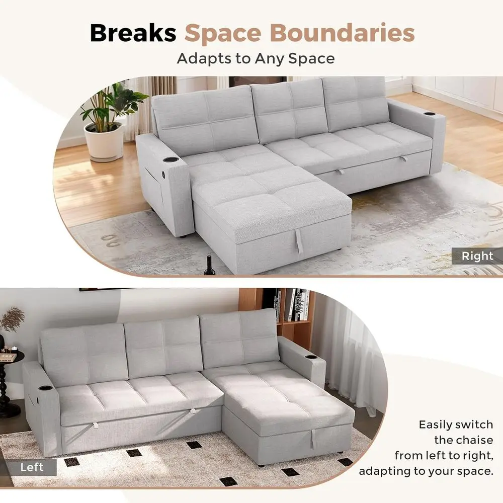 أريكة نوم رمادية 85 مع مساحة تخزين، أريكة مقسمة على شكل حرف L، أرائك قابلة للسحب 2 في 1، كرسي قابل للتحويل، منافذ USB، حاملات أكواب