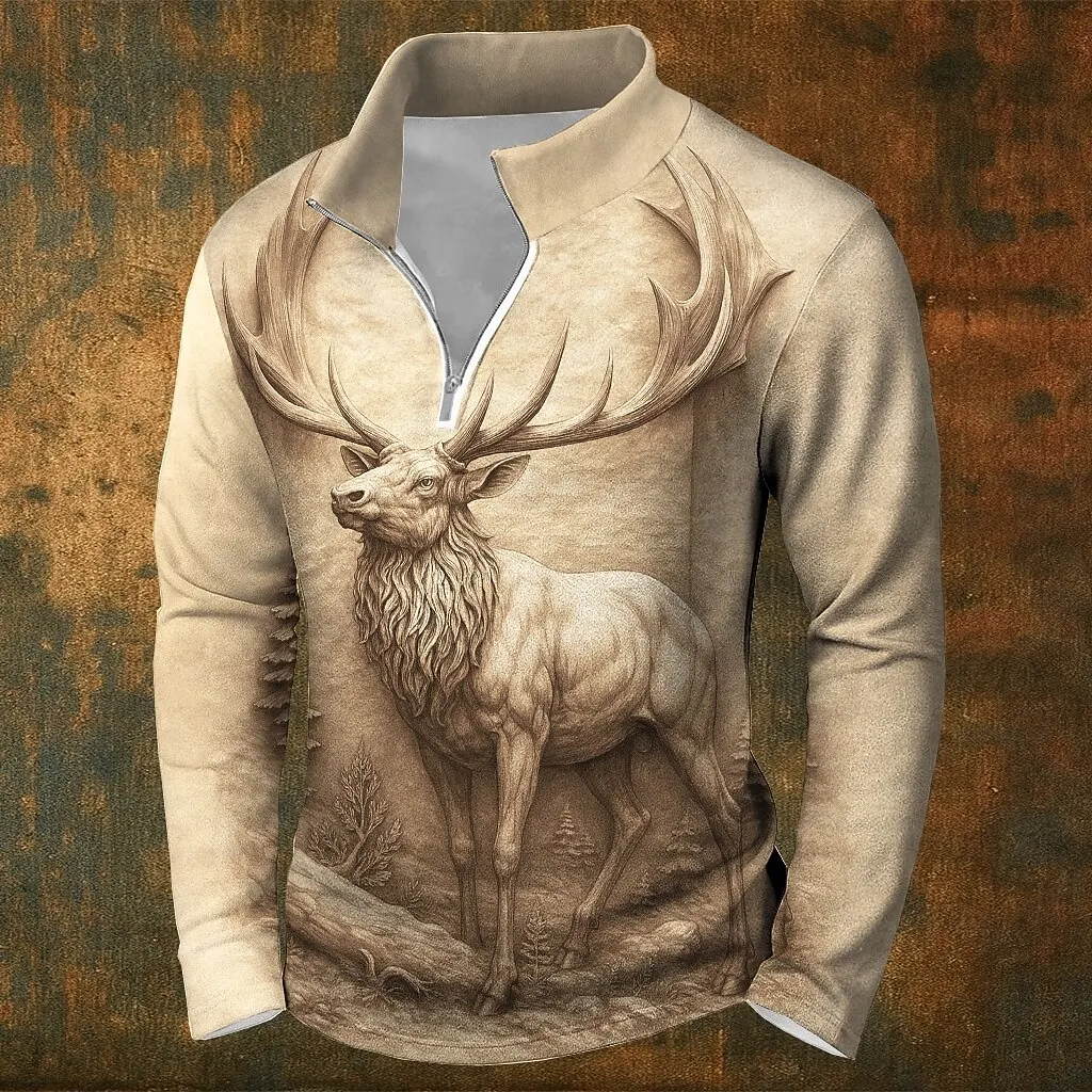 

Men's 3D Print Vintage Elk Graphic Zipper Sweatshirts Fashion Casual Long Sleeve Clothes Autumn Winter Outdoor Half Zip Pullover