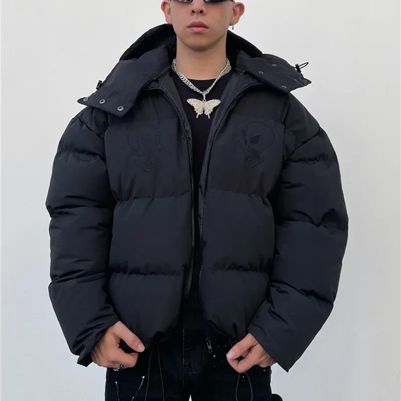 Homens hip hop pequeno diabo chifres parka inverno bordado crânio jaqueta rua com capuz acolchoado jaqueta y2k harajuku quente engrossar casaco