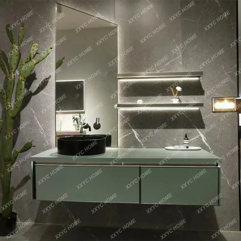 

AAGreen Bathroom Cabinet Combination Italian Simple Intelligent Solid Wood Rock Slab Table Basin Washing Table