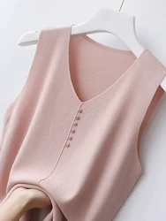 Knitted Vests Women Top V-neck Solid Tank Blusas Mujer De Moda Summer New Fashion Female Sleeveless Casual Thin Tops 2024