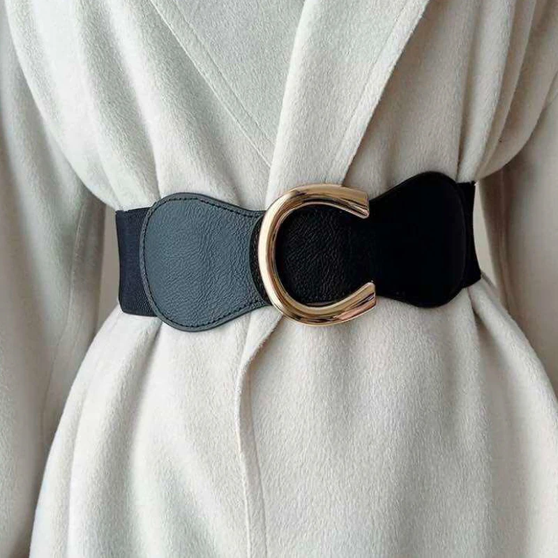 Women Wide Elastic Waist Belt for Dress Ladies Stretch Belt Plus Size with Gold Big Buckle