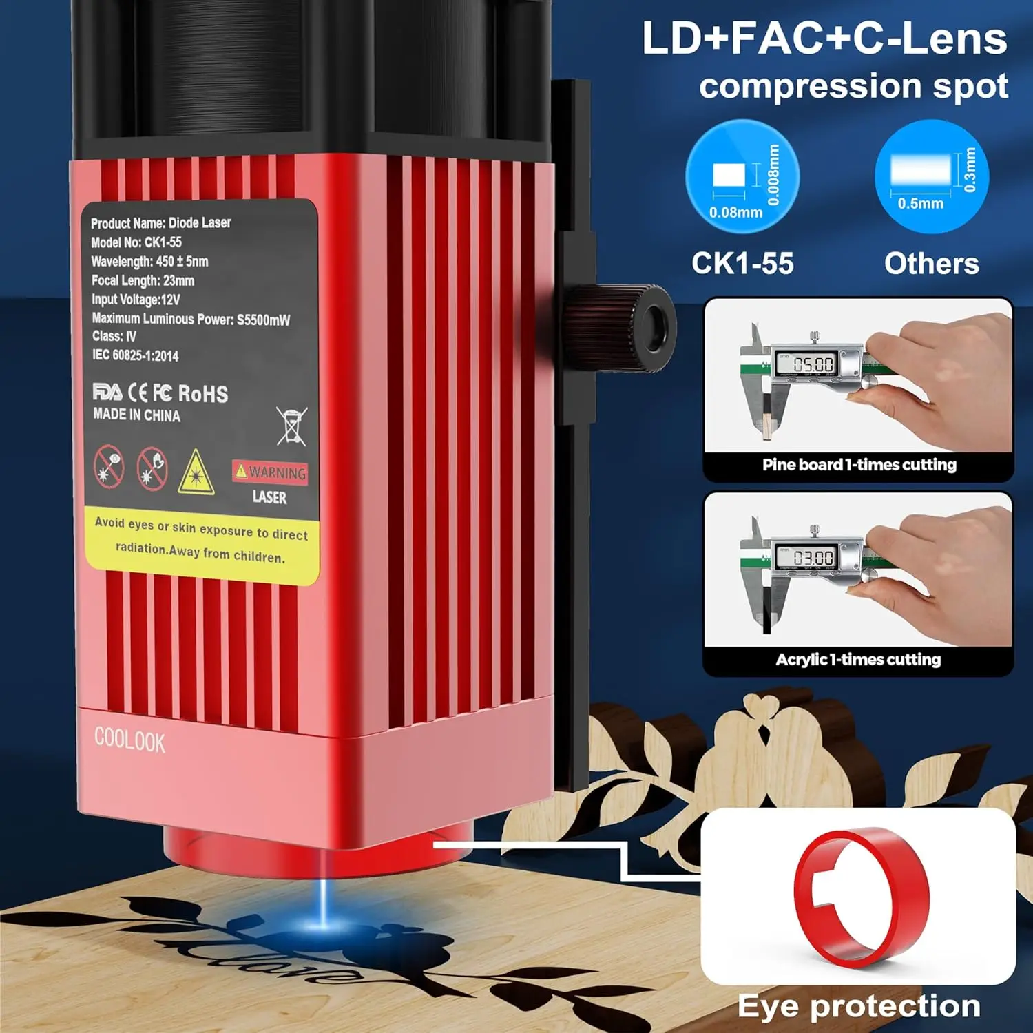 Ck1-55 mesin pengukir Laser 5500Mw 40W, alat pemotong Laser untuk kayu logam aluminium kaca