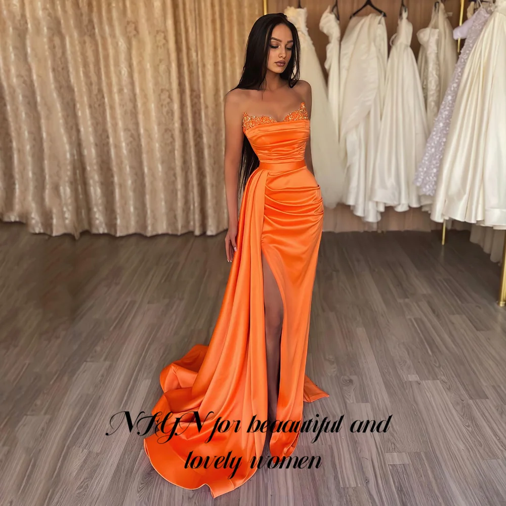 

NFYN Sweetheart Mermaid Stain Evening Dresses Sequin Pleat Orange Evening Gown Party Formal Dresses with High Split Customized