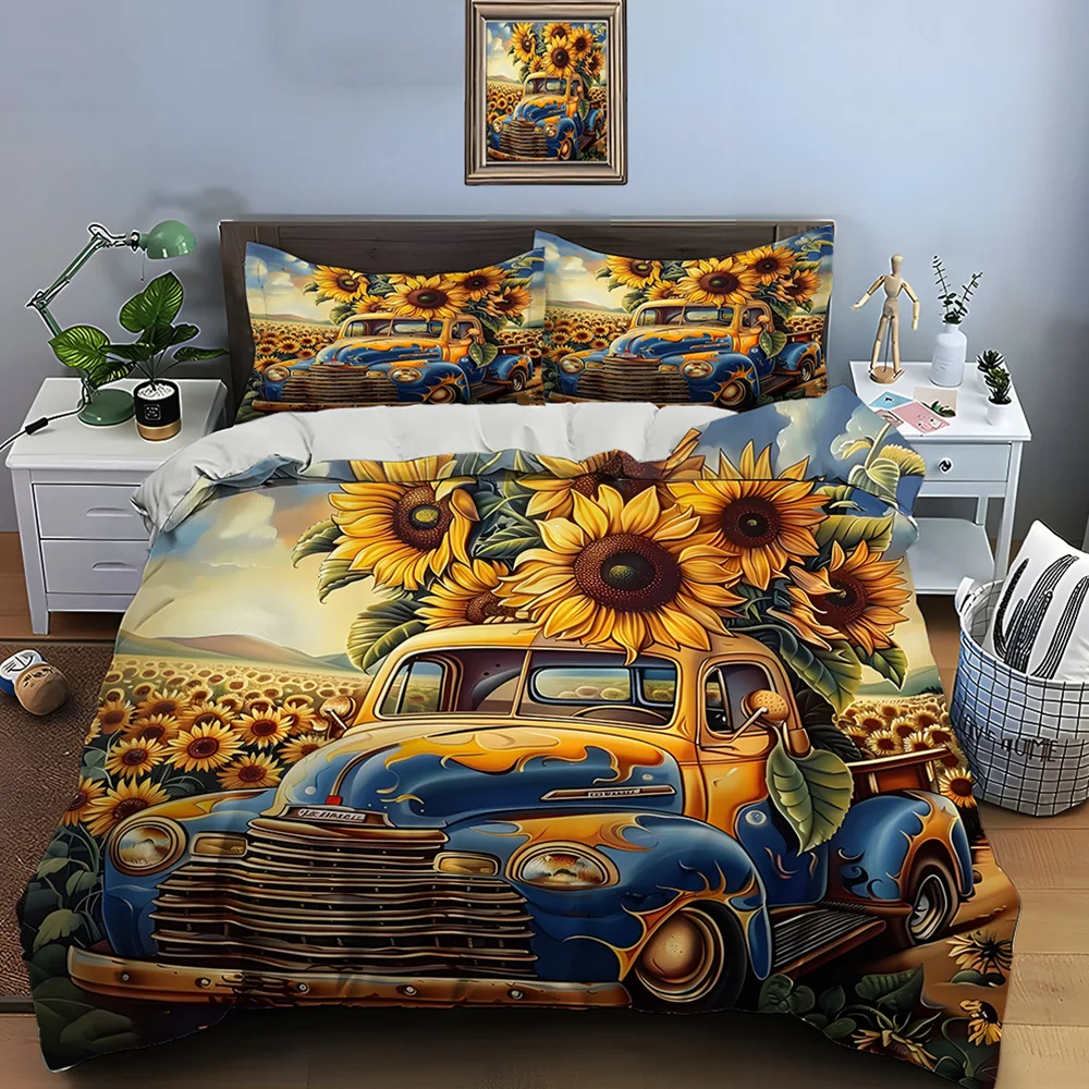 Vintage truck filled with sunflowers Print Soft Comfortable Duvet Cover Bedding Set Included 1*Duvet Cover  2*Pillowcases