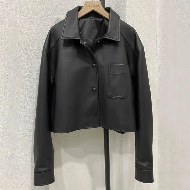 

Retro Hong Kong Sle Women's Biker Jaet ort PU Leather Coat Bla Spring Autumn New Arrival Faion Ladies' Outerwear