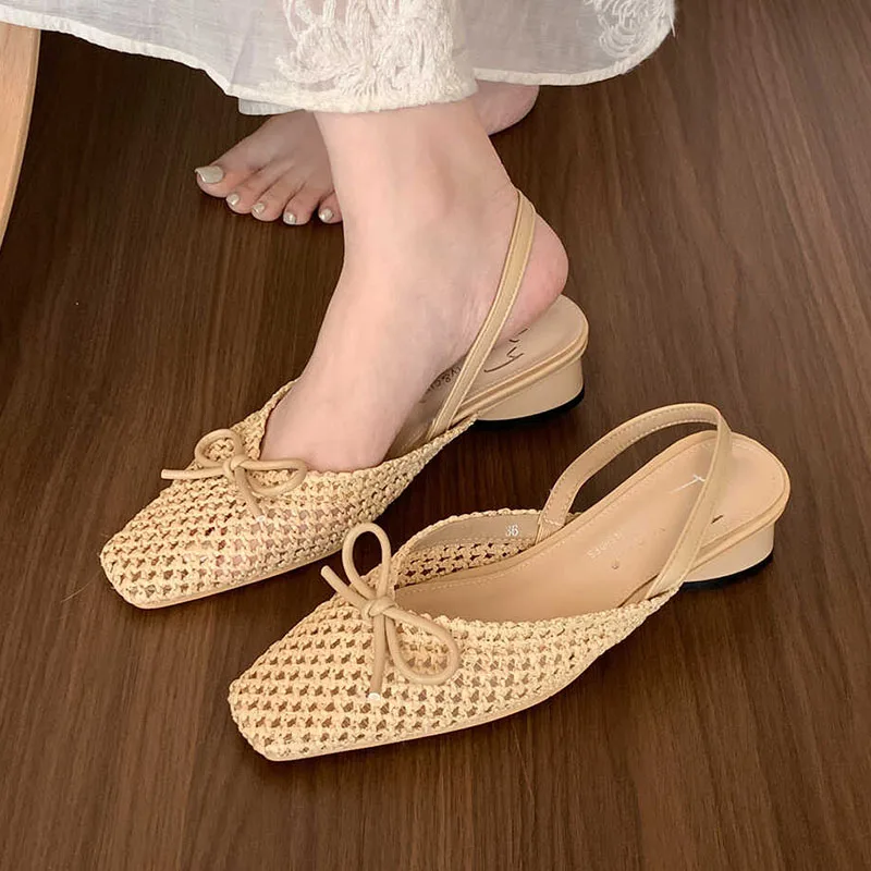 2024 Mesh Summer New Women Slip On Sandals Fashion Cane Weave Ladies Mules Shoes Square Low Heel Outdoor Casual Slipper Mujer