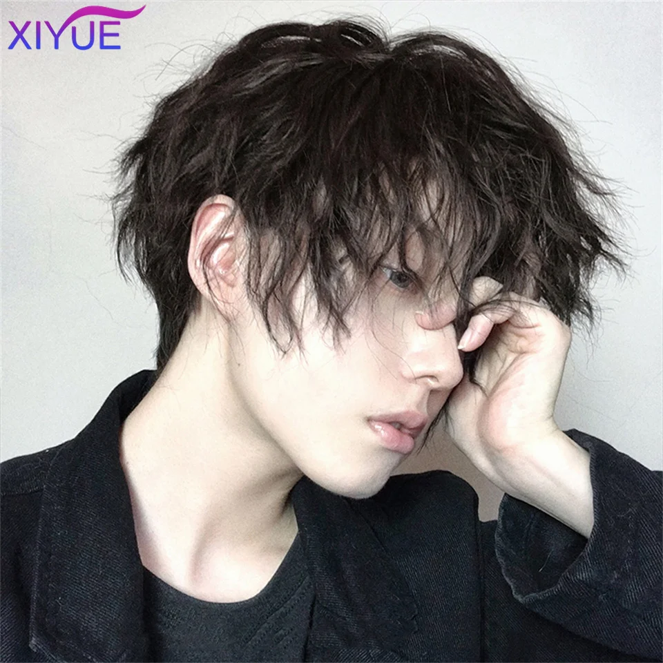 XIYUE Synthetic Short Curly Hair Wigs For Men Boy Costume Cosplay Party Natural Black Heat Resistant Fake Hair