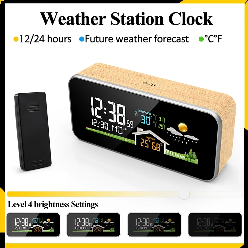 Wooden Weather Station Clock LED Color Screen Digital Thermometer Hygrometer Wireless Indoor Outdoor Temperature Humidity Meter