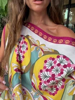Women Off Shoulder Scarf Print Top Asymmetrical Hem Satin Fashion Blouse 2026 Summer Boho Elegant Vacation Casual Fashion Tops - Image 6