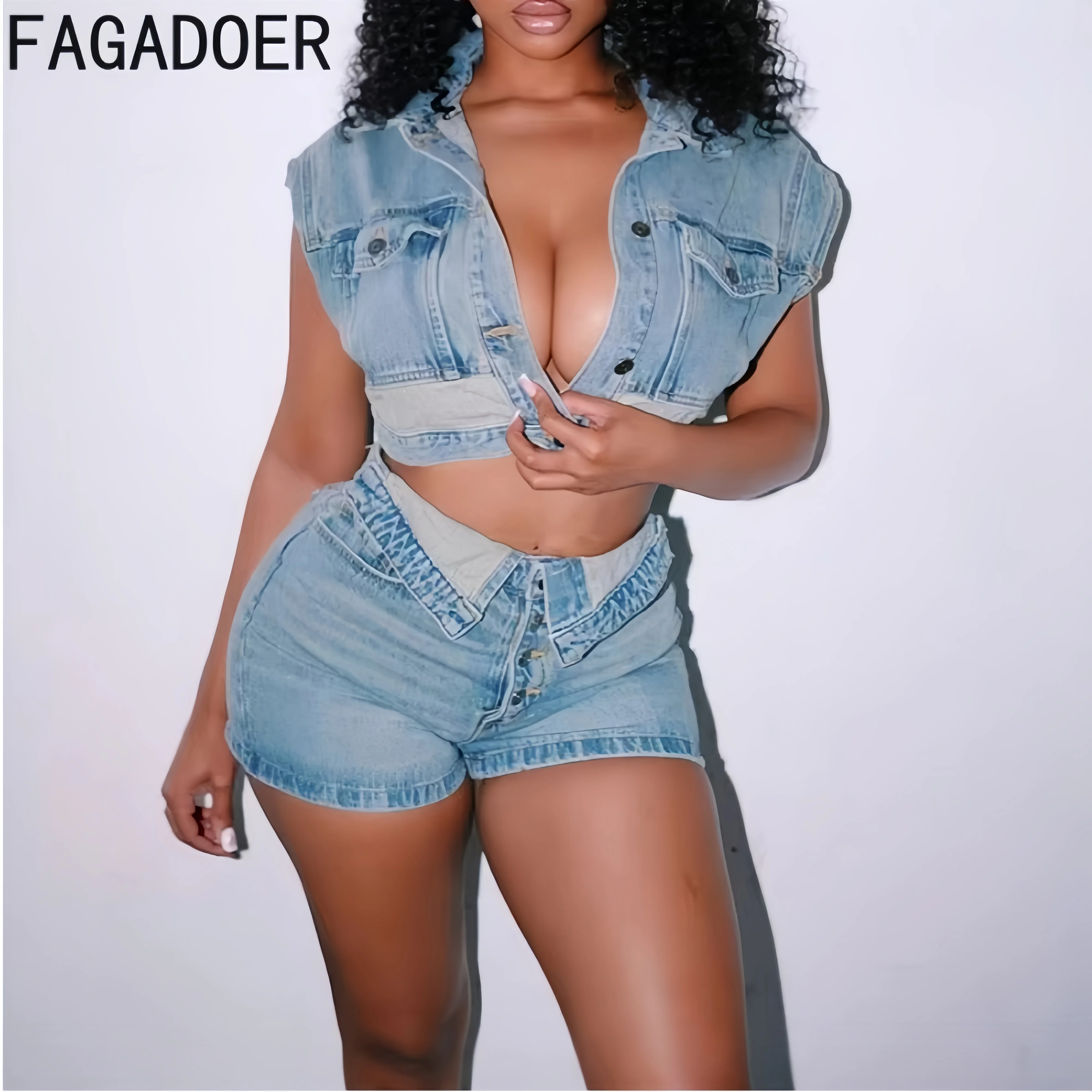 FAGADOER Fashion Denim 2 Piece Sets Woman Outfit Sleeveless Cargo Pocket Patchwork Crop Top + High Waist Short Streetwear New