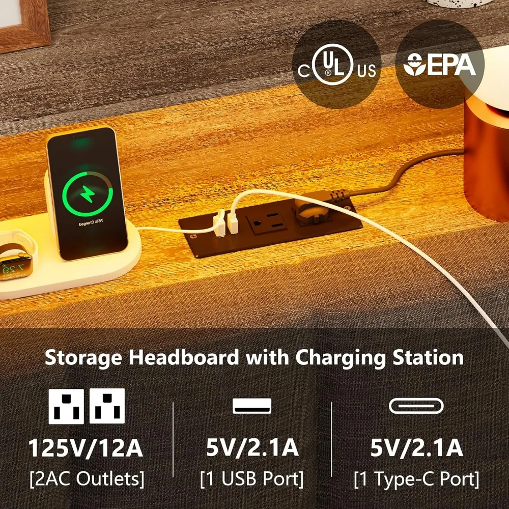 Rangka Tempat Tidur Queen dengan Rak Buku Penyimpanan di Kepala Tempat Tidur & Lampu LED, Rangka Tempat Tidur Berlapis Ukuran Queen dengan Stasiun Pengisian Daya USB, Berat