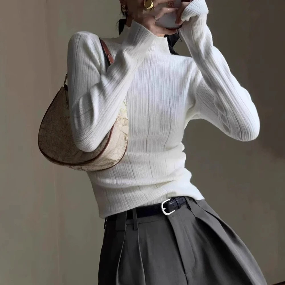 

Autumn Winter Semi High Neck Base Knitted Sweater for Women 2025 New Style Slim Fit Inner Layer Sweaters Long Sleeved Top