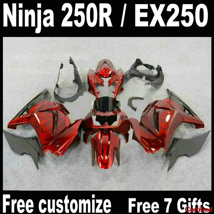 

New Fairing Kit For Kawasaki Ninja 250R Fairings 2008 - 2014 EX250 08 09-14 Black Flames In Red ZX250 2009 2010 2012 A416