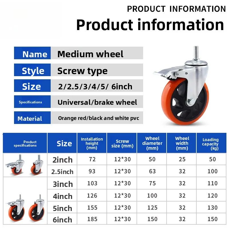 3/4/5 Inch Medium‑Duty Smooth Mute Fixed & Swivel Caster Roller Trolley Shelf Furniture Office Chair