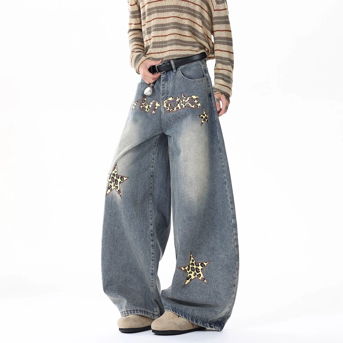 Street Fashion Style Five-pointed Star Leopard Print Jeans Women's Autumn Slim Straight Pants Wide Leg Denim Pants