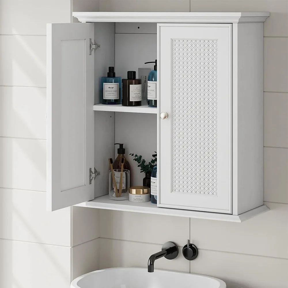 White Rattan Bathroom Wall Cabinet, Bathroom Medicine Cabinet with 2 Doors and Adjustable Shelves, Wall Mounted Storage Cabinet,