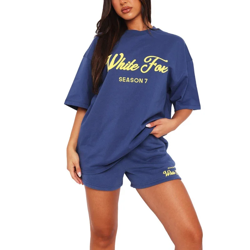 

Letter Printed Loose Tracksuit Women Short Sleeve T-shirt&High Waist Drawstring Shorts Sets Casual 2 Pieces Girl Home set