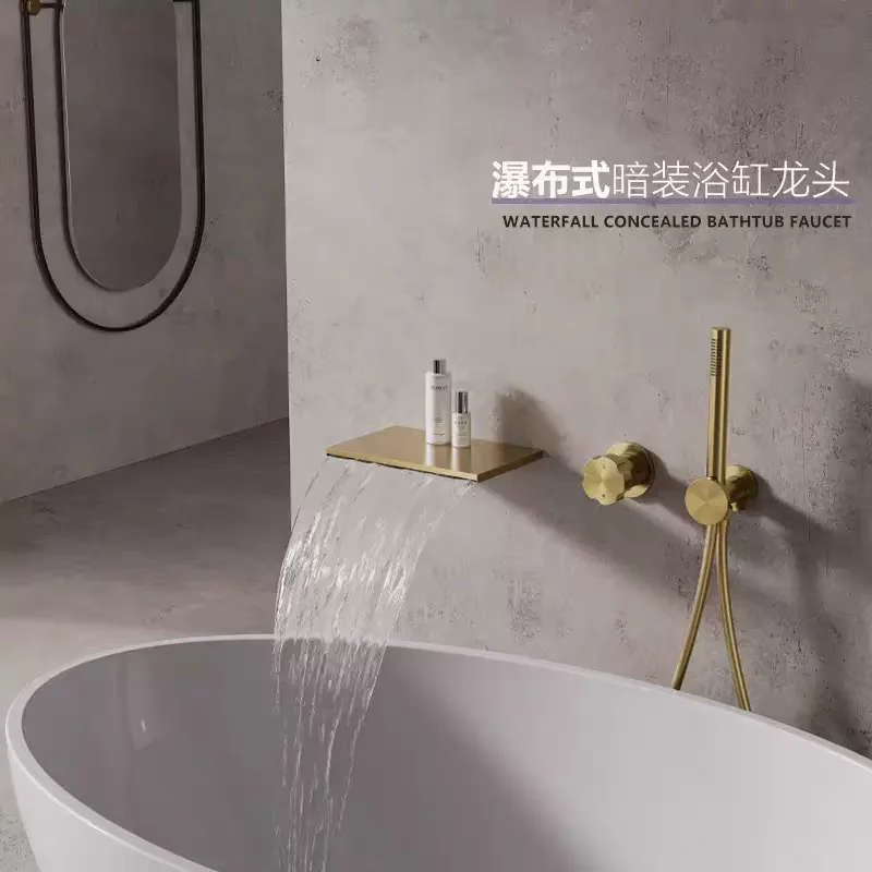 

Luxury Brushed Gold Modern Brass Waterfall Bathtub shower set Recessed Hot and cold water Bath tub Faucet set High Quality Tap