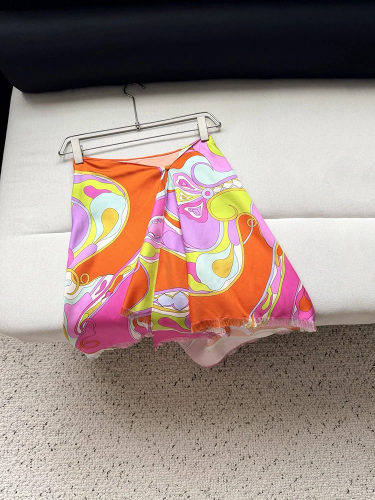 Summer Fashion Party Resort Geometric Print Elegant Silk Midi Skirt Women's Middle Waist Asymmetrical A-Line Tassel Hem Skirt
