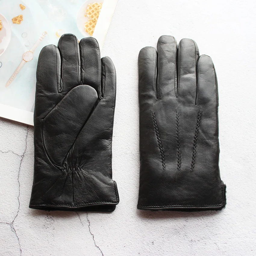 Winter Thickened Warm Leather Gloves Men Enlarged Sheepskin Fur Lining Outdoor Wind and Cold Resistant Motorcycle Riding