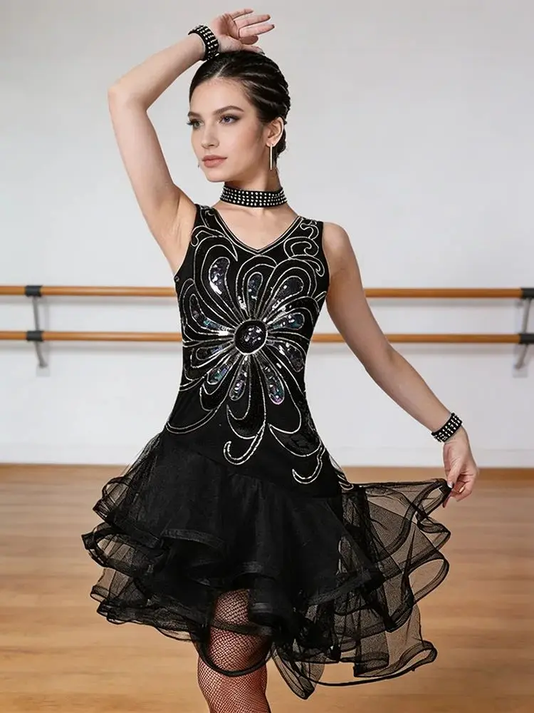 

Modern Latin Dance Dress Women Sequins Mesh Choker Bracelet Set Samba Rumba Jazz Costume