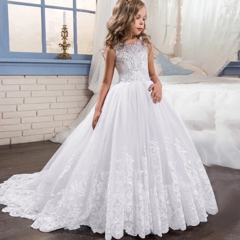 Teen Girls Weddings Tailing Birthday Party Dresses Elegant Evening Children Bridesmaid White Long Prom Gown 12 13 14 Years