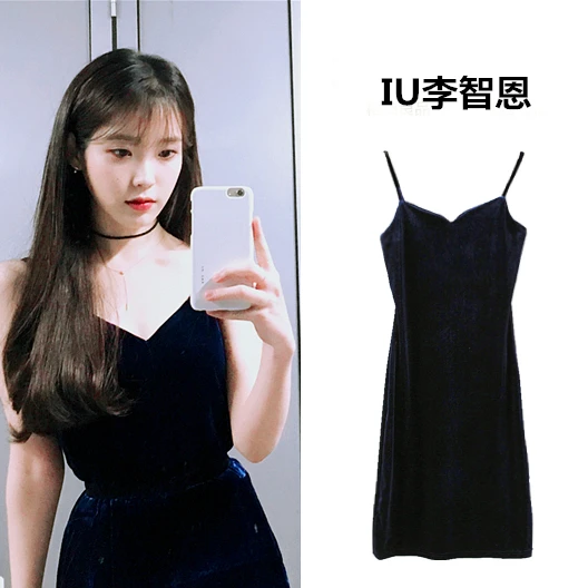 

Kpop IU Lee Ji Eun Korean Summer Sexy Blue Sleeveless Velvet Sexy Loose Dress Women Sling Backless Fashion Party V-Neck Dresses