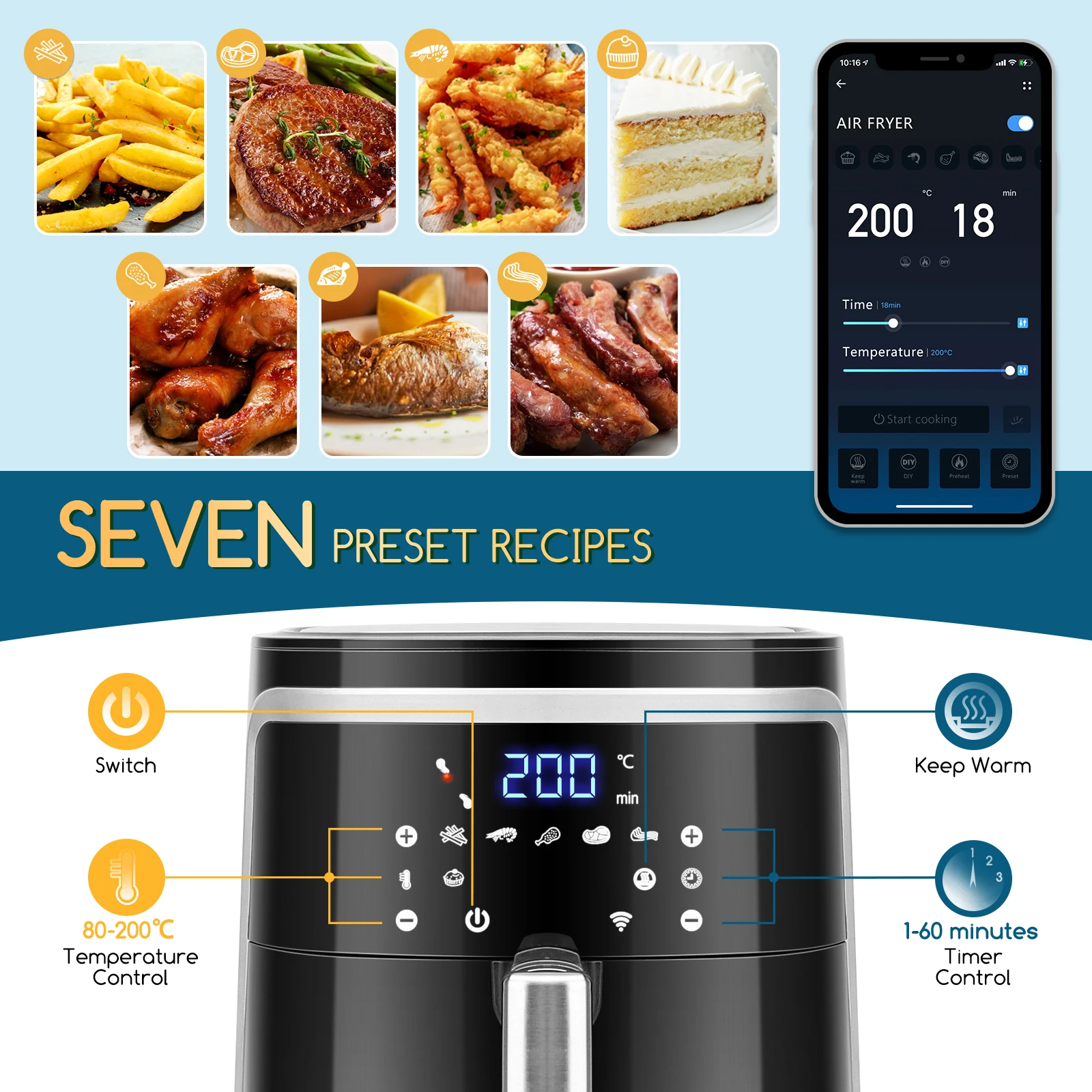 Aigostar 7L Smart WiFi Air Fryer Dual Basket Touch LED 7 Presets Nonstick Dishwasher Safe Auto Shutoff Black For Use