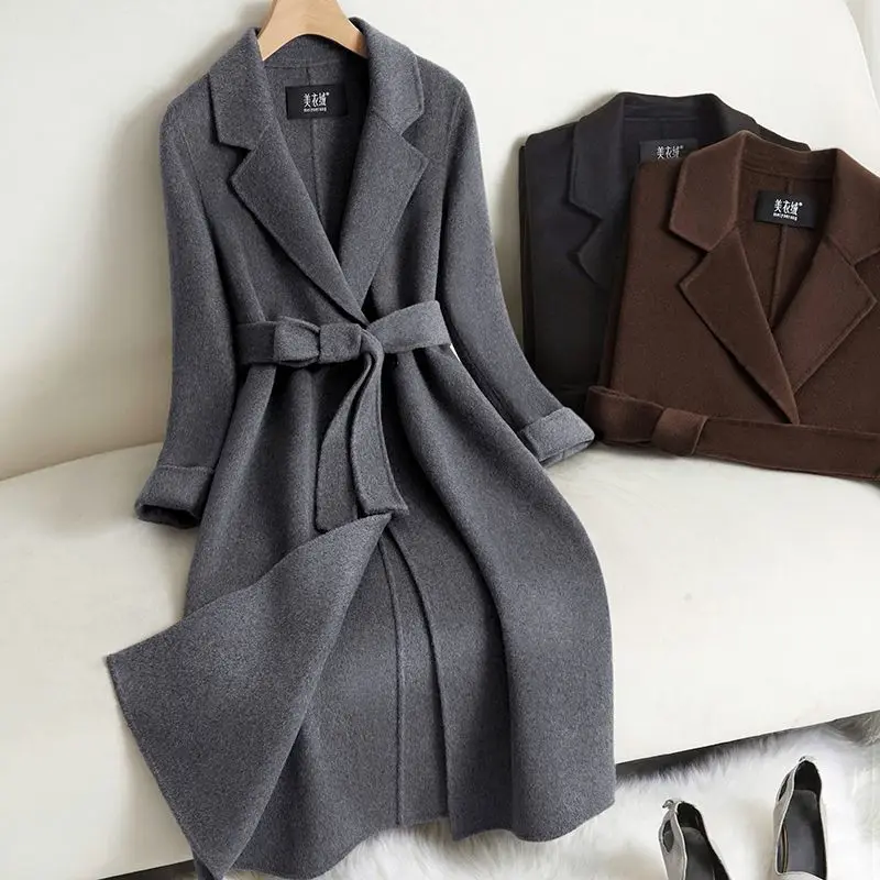 

Black Double-sided Cashmere Jacket Women's Long Coat 2026 Autumn Winter New Temperament Belt Wool Coats Female Outwear