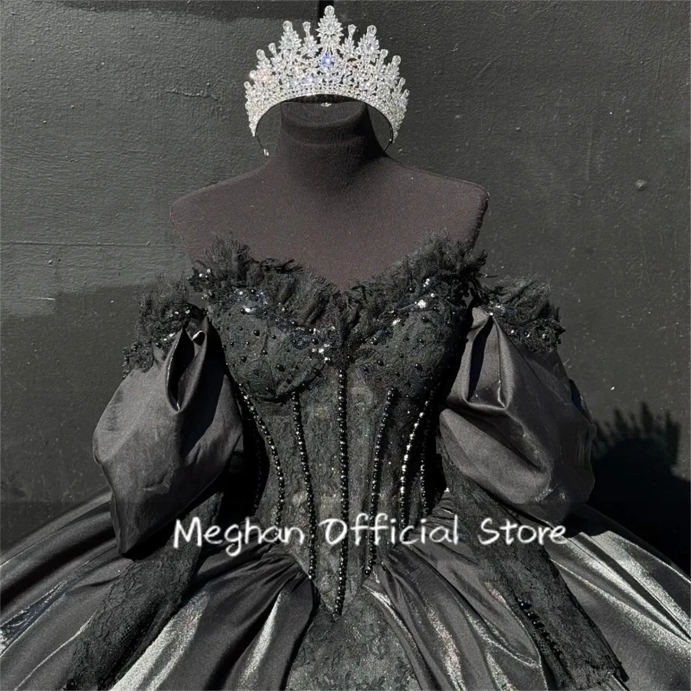 공주 블랙 레이스 퀸시네라 드레스, 구슬 긴 소매 볼 가운, 연인 특별한 날, 달콤한 원피스, 15, 16 맞춤형