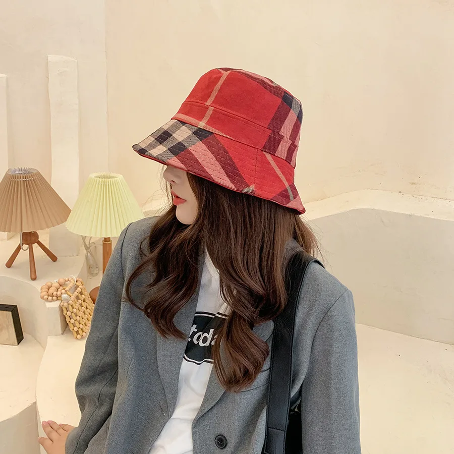 Plaid Colourful Fisherman\'s Hat Women Korean Suede Basin Hat Casual Foldable Warm Hat Fashionable Soft 56-58cm