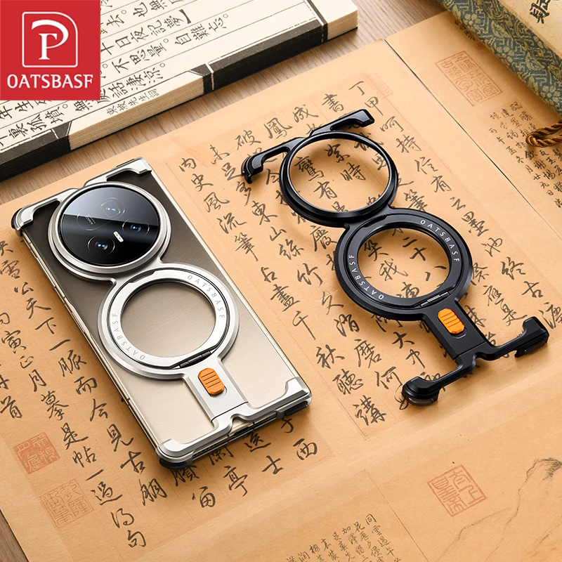 

Oatsbasf Metal Frameless Phone Case for Honor Magic V5 with Ring Stand 360° Rotatable Magnetic Aluminum Alloy Shockproof Cover