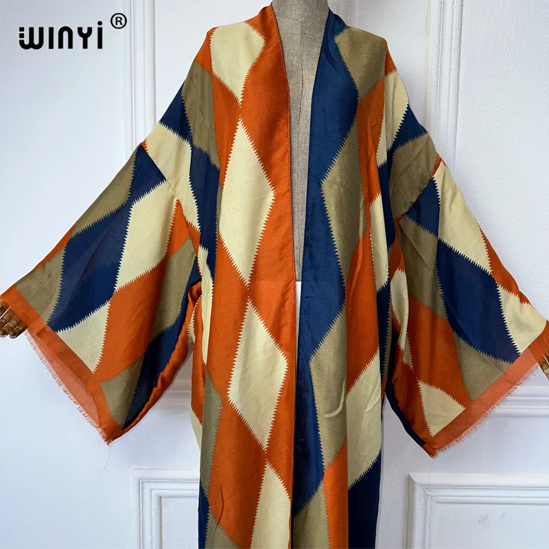 WINYI kimono nadruk geometryczny osłona do bikini elegancki strój plażowy dla kobiet seksowna bawełniana sukienka westidos para mujer kaftan