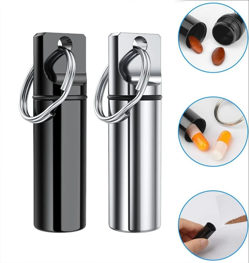 1pcs Waterproof Aluminum Pill Box Keychain Carabiner Medicine Case Container Bottle Holder Outdoor Pill Case PillBox