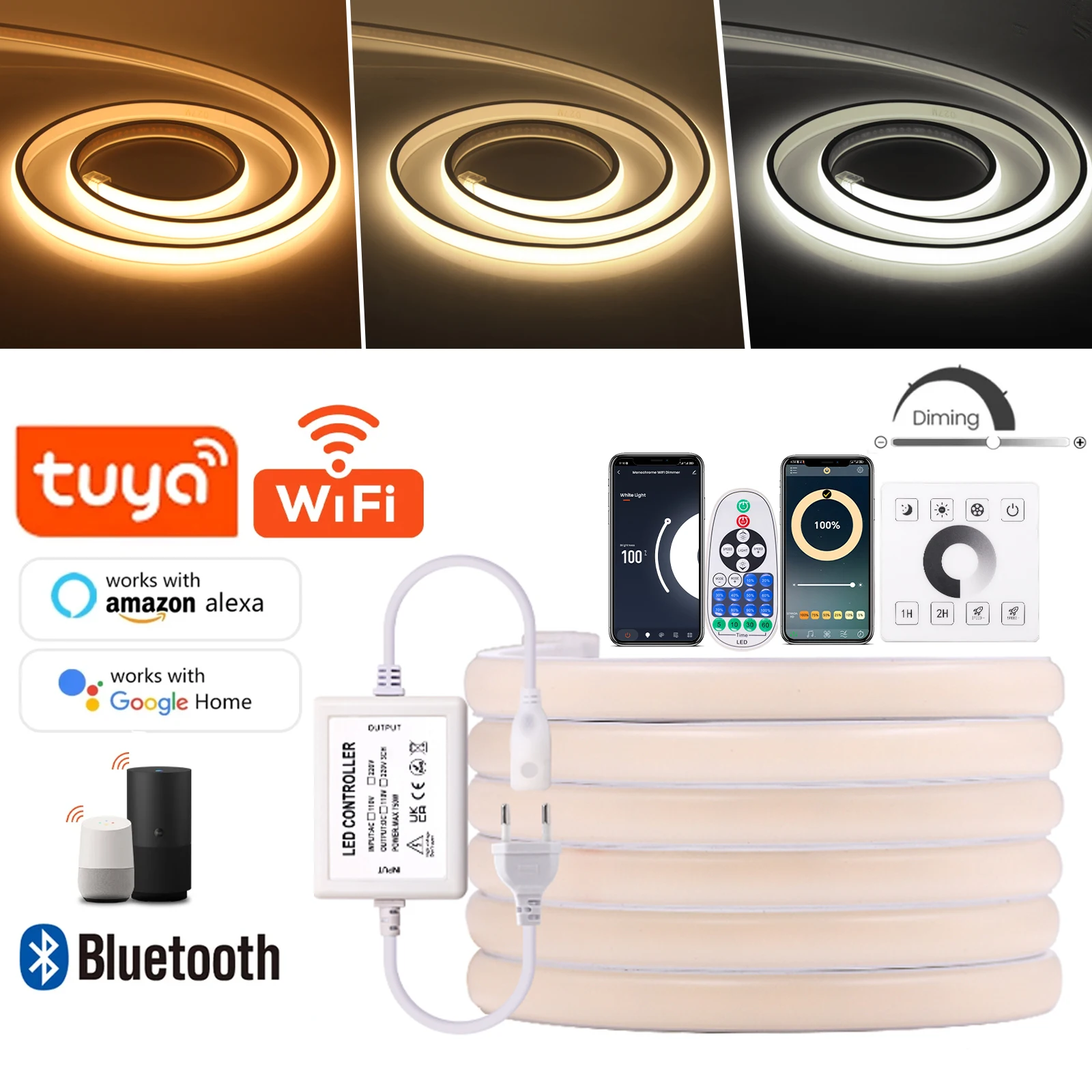 Tuya Smart-Fita LED regulável, tiras de néon impermeáveis, fita flexível, controle remoto, Bluetooth, controle WiFi, COB, 220V, 288LEDs/m