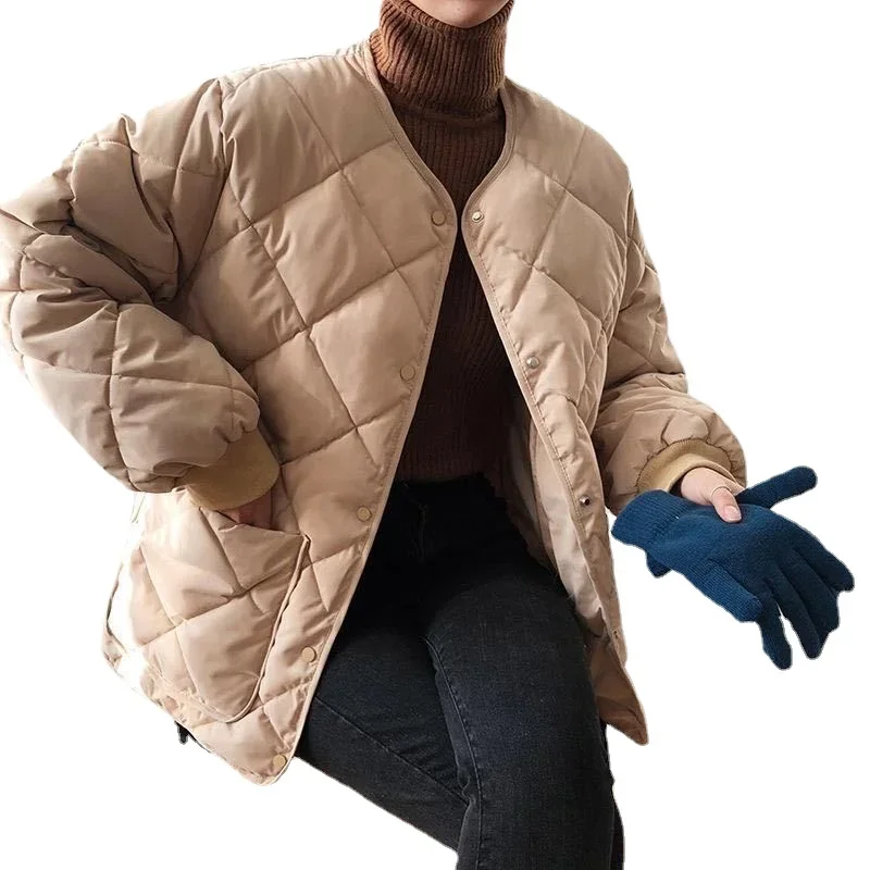 Women Autumn Winter Padded Jacket Thin Short Solid Color Rhombus Cotton Coat Korean Fashion Keep Warm Bread Coat Loose Plus Size