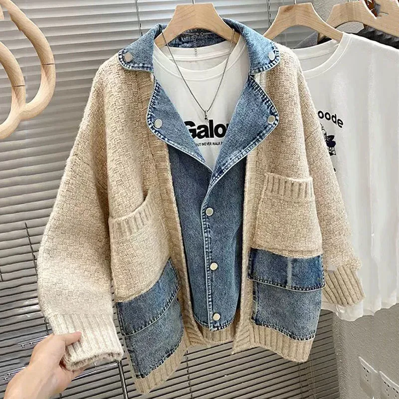 

NEW Women's Sweater Stitching Denim Coat Autumn Winter Loose Bat Sleeve Knitted Cardigan Top Female Casual Denim Sweaters Jacket