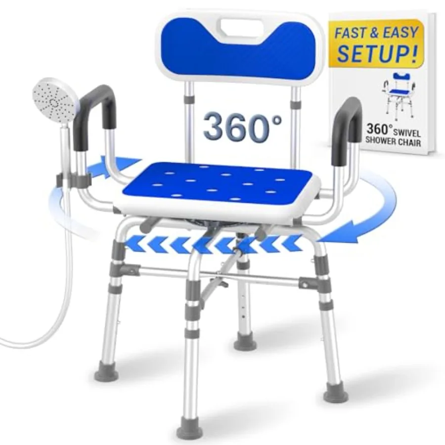 

Вращающееся кресло для душа с подлокотниками и спинкой, усиленное, до 250 кг, для пожилых и людей с ограниченными возможностями, регулируемое сиденье для ванны, черное, прочное, многоразовое использование