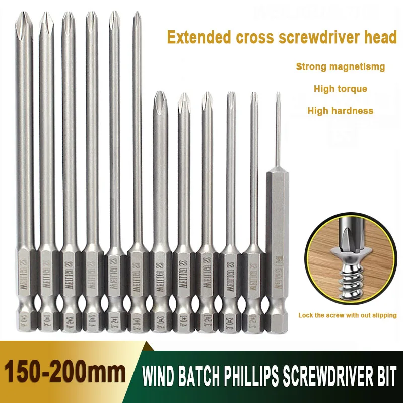 150mm 200mm Extended Wind Batch Phillips Screwdriver Bit S2 Alloy Steel With Magnetic Screwdriver Bit  PH1 PH2