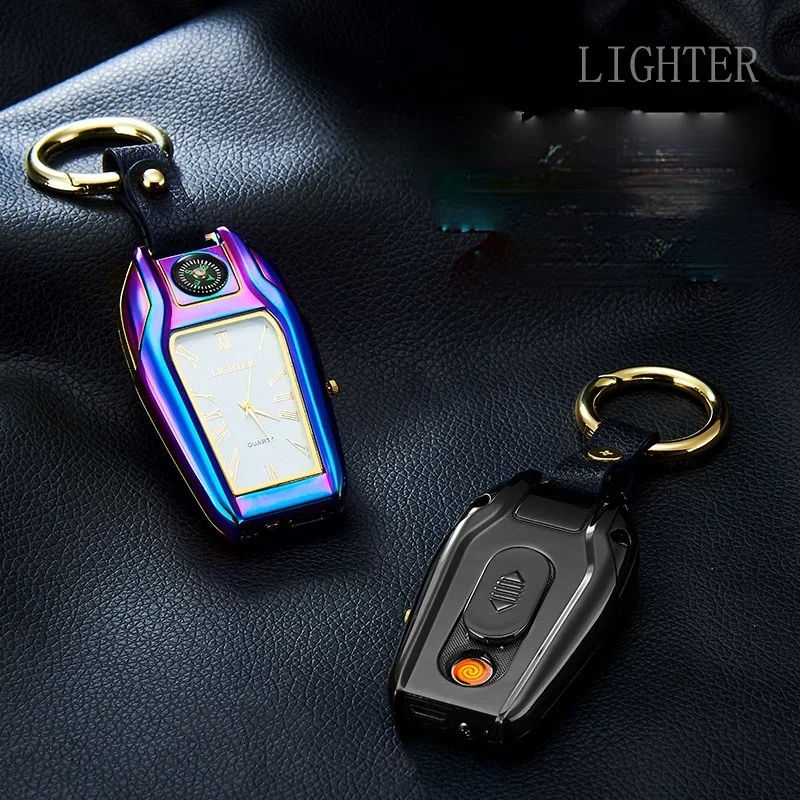 2024 Compass Keychain Watch Arc Lighter Multifunctional Personalized USB Charging Cigarette Lighter Men\'s Birthday Gift