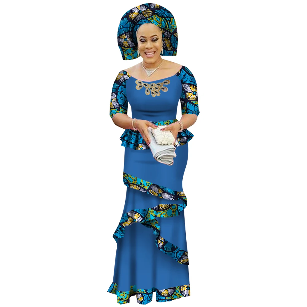 BRW privé personnalisé robe africaine Bazin Riche femmes robe trempée demi manches Y-et longue jupe imprimée grande taille M-6XL WY2412