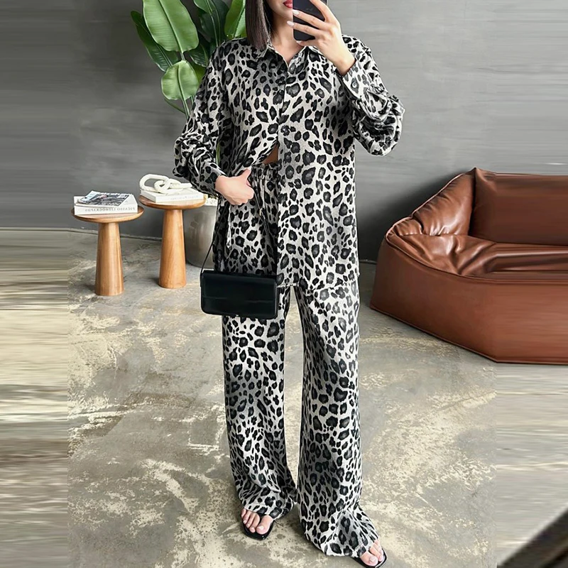 Spring Autumn Newest Women 2 Piece Sets Leopard Print Suit Long Sleeved Cardigan Shirt+Casual Wide Leg Pants Home Loose Outfits