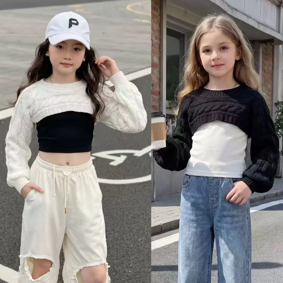 Girls' Autumn and Winter New Round Neck Net Color Fried Dough Twists Short Casual Long Sleeve Knitting Top