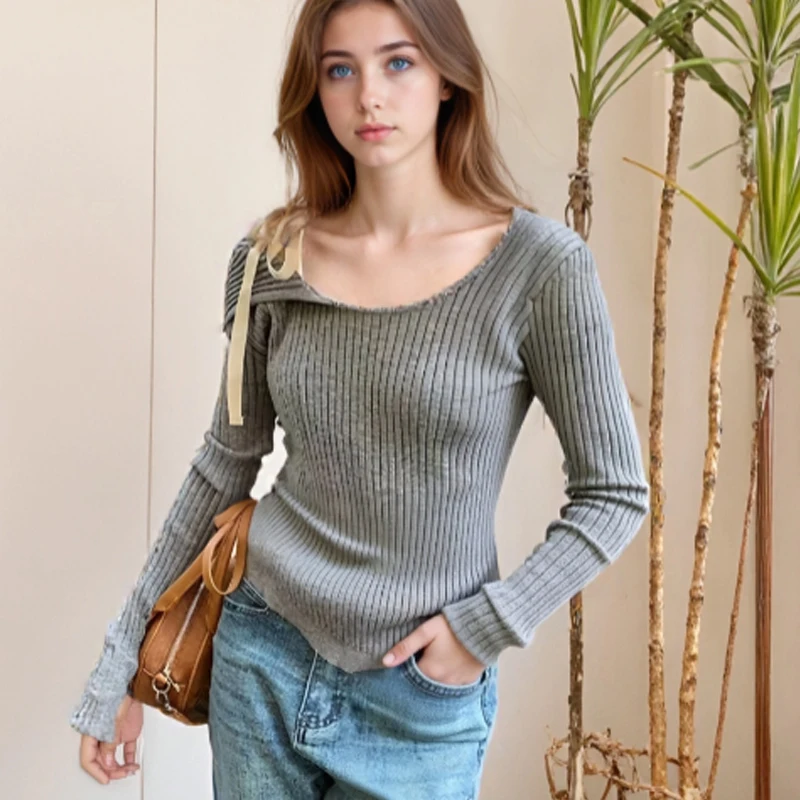 

2025 New Fall Fashion Off-Shoulder Split Side Slim-fit Sweater Hot Girl Style Straps Sweater Casual Bottom Women's Knitwear